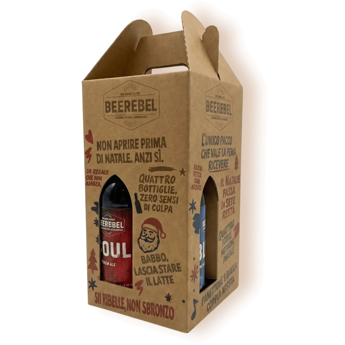 Confezione natalizia in box kraft illustrato in edizione limitata con 4 bottiglie da 33 cl di birra artigianale Beerebel